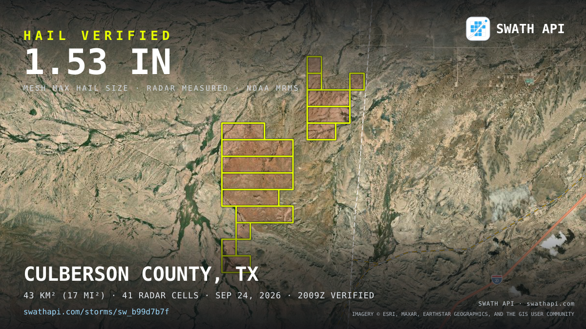 Storm card: 1.1–1.5" hail crossed Culberson County, TX — September 24, 2026