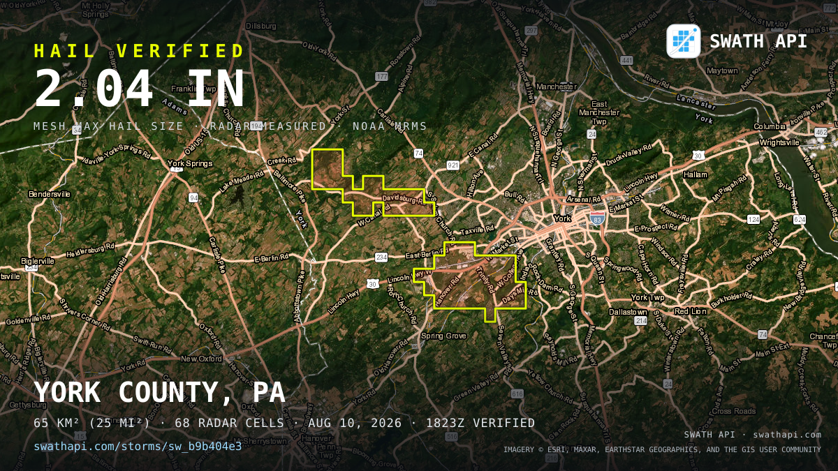Storm card: 1.2–2" hail crossed York County, PA — August 10, 2026