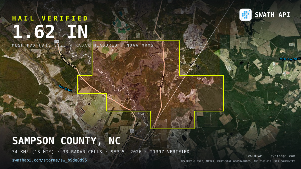 Storm card: 1.3–1.6" hail crossed Sampson County, NC — September 5, 2026