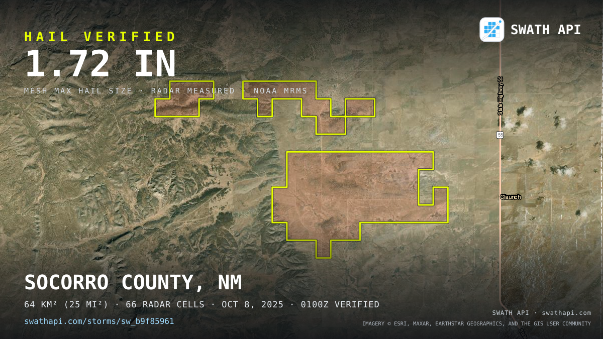Storm card: 1.1–1.7" hail crossed Socorro County, NM — October 8, 2025