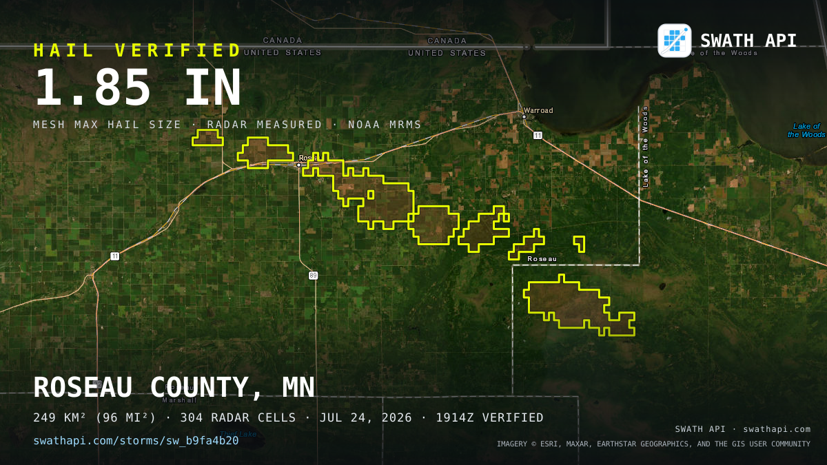Storm card: 1.1–1.9" hail crossed Roseau County, MN — July 24, 2026