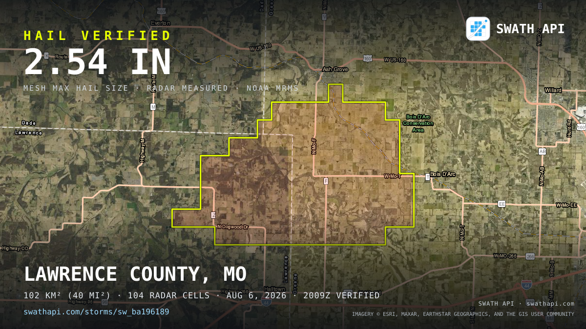Storm card: 1.7–2.5" hail crossed Greene County, MO — August 6, 2026