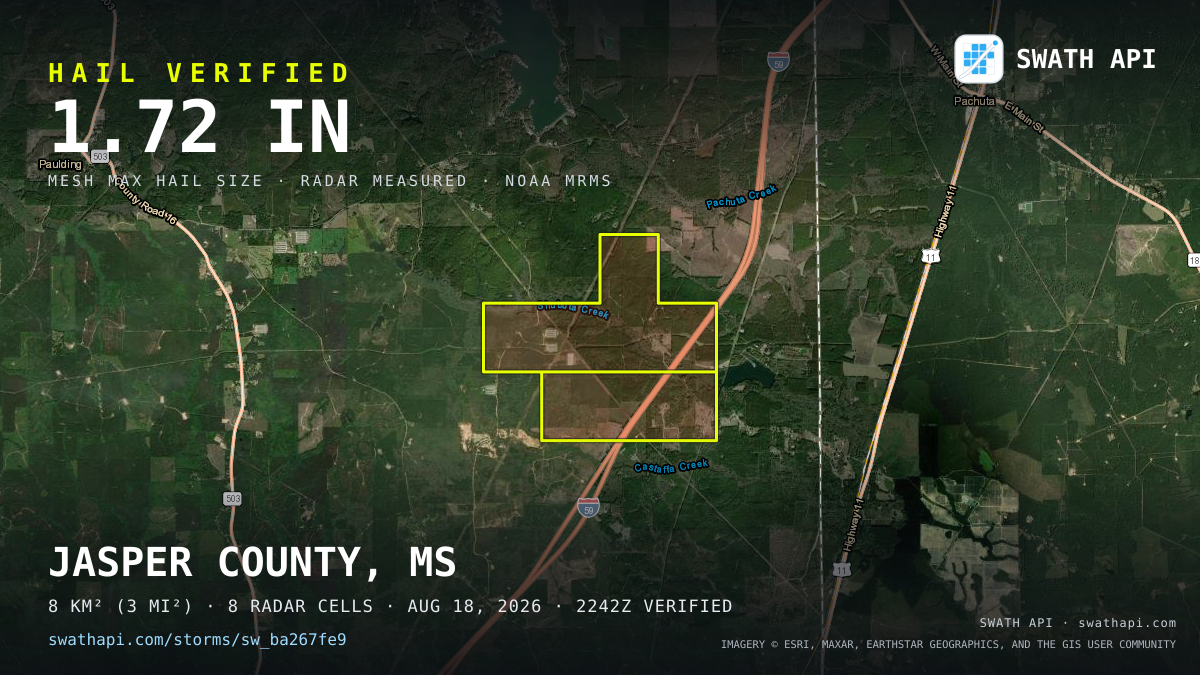 Storm card: 1.4–1.7" hail crossed Jasper County, MS — August 18, 2026