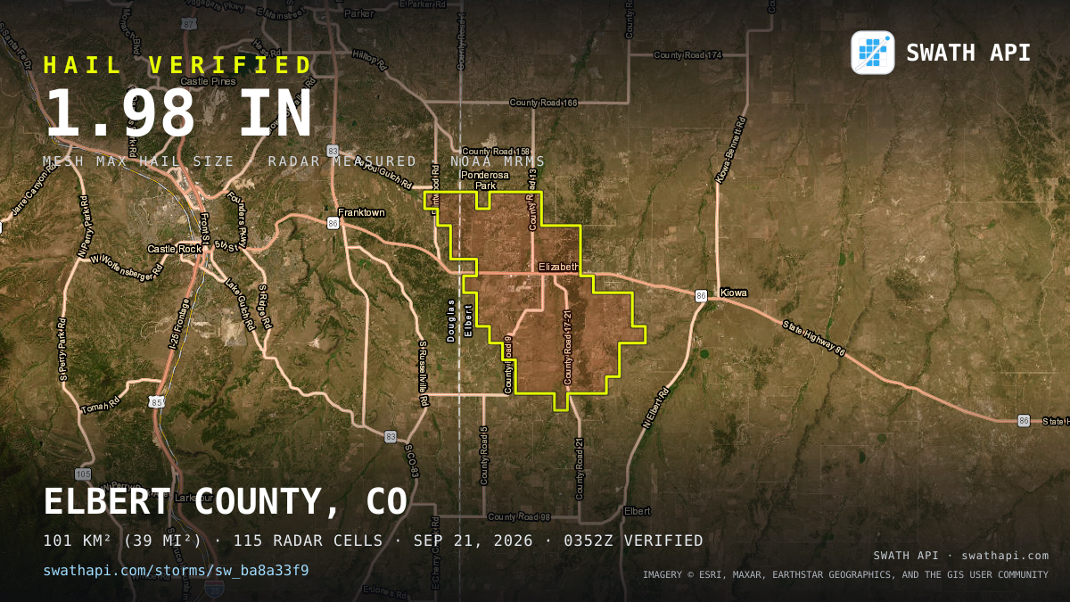 Storm card: 1.3–2.4" hail crossed Elbert County, CO — September 21, 2026