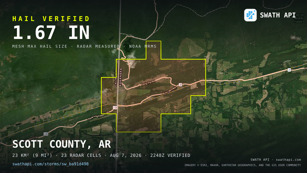 Storm card: 1.2–1.7" hail crossed Scott County, AR — August 7, 2026