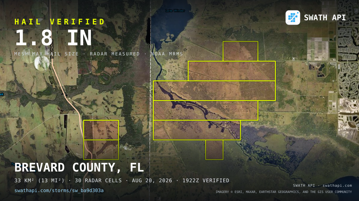 Storm card: 1.1–1.8" hail crossed Brevard County, FL — August 20, 2026