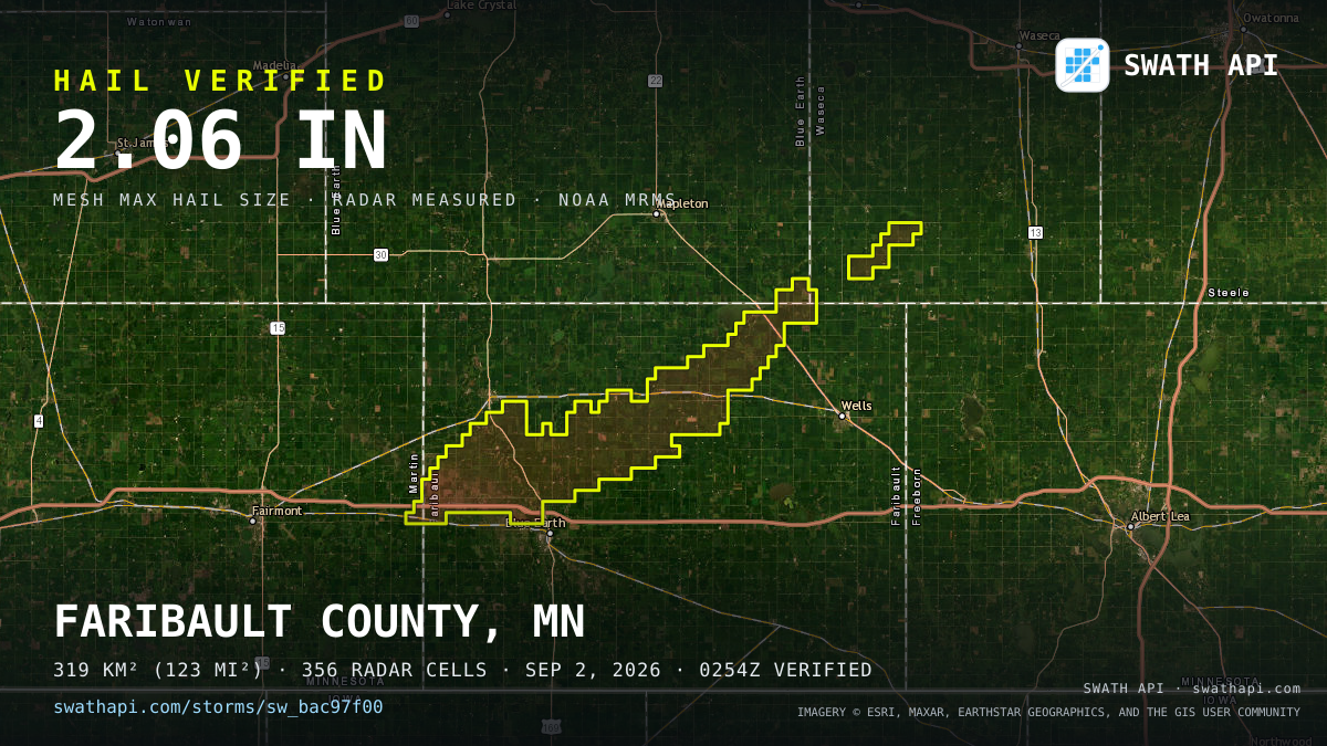 Storm card: 1.3–2.1" hail crossed Faribault County, MN — September 2, 2026