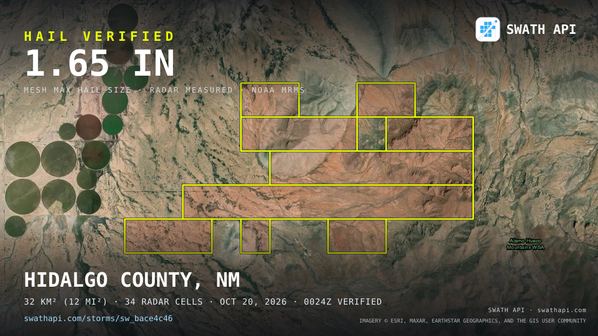 Storm card: 1.1–2.2" hail crossed Hidalgo County, NM — October 20, 2026