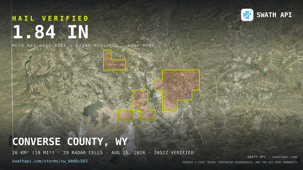 Storm card: 1.3–1.8" hail crossed Converse County, WY — August 15, 2026