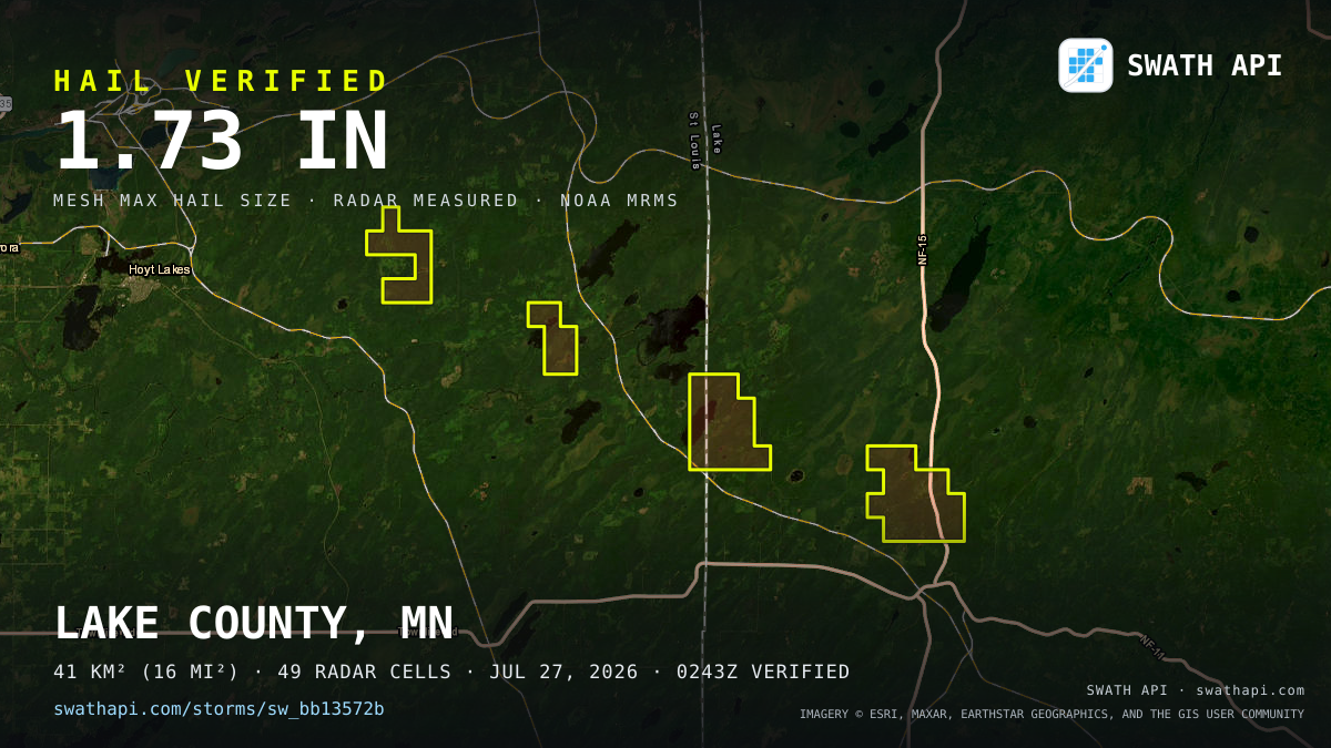 Storm card: 1.3–1.7" hail crossed Lake County, MN — July 27, 2026