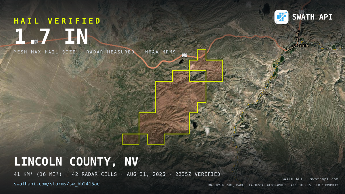 Storm card: 1.3–1.7" hail crossed Lincoln County, NV — August 31, 2026