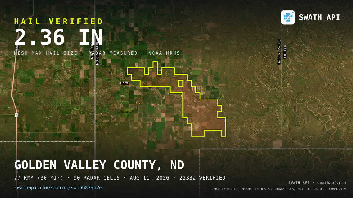 Storm card: 1.4–2.4" hail crossed Golden Valley County, ND — August 11, 2026