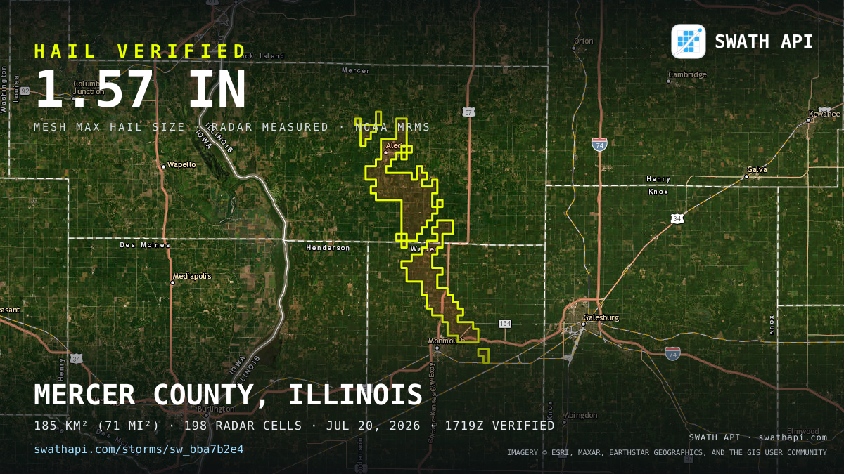 Storm card: 1.1–1.6" hail crossed Mercer County, IL — July 20, 2026