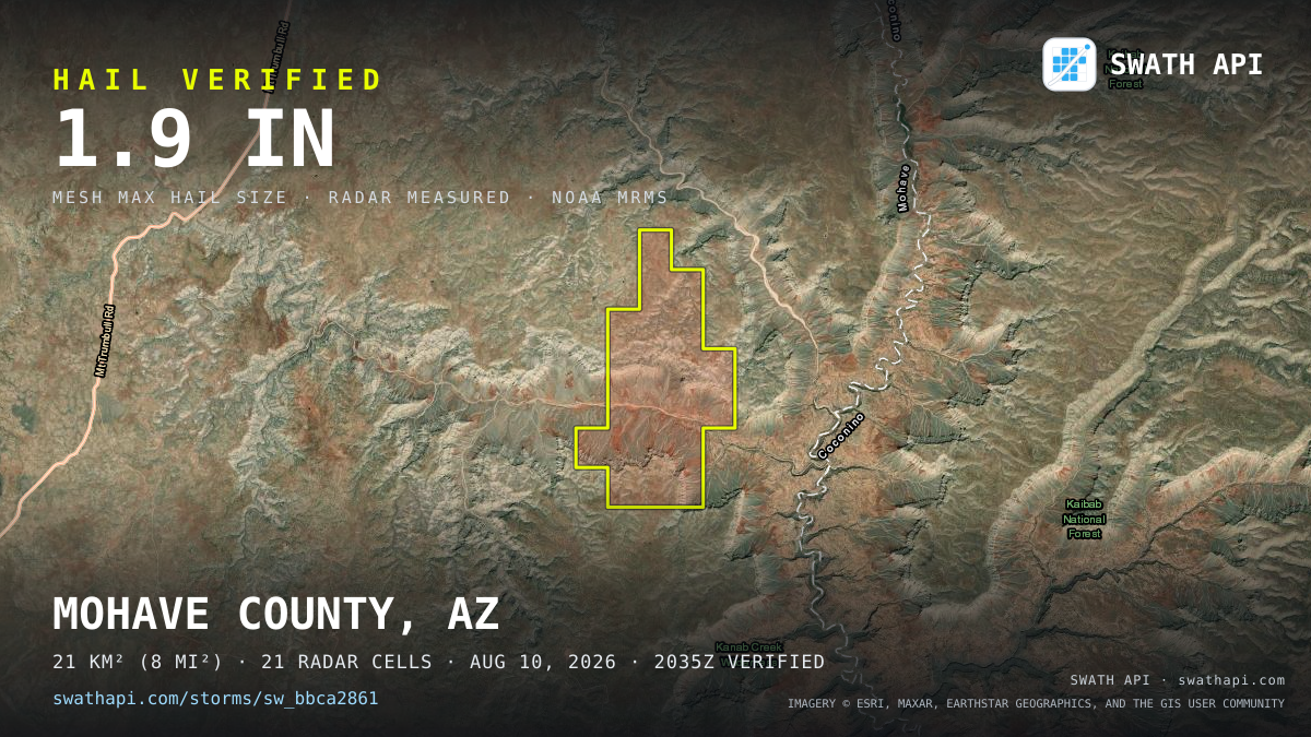 Storm card: 1.2–1.9" hail crossed Mohave County, AZ — August 10, 2026