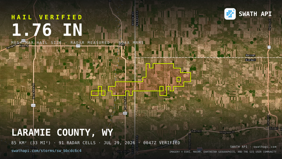 Storm card: 1.1–1.8" hail crossed Kimball County, NE — July 29, 2026