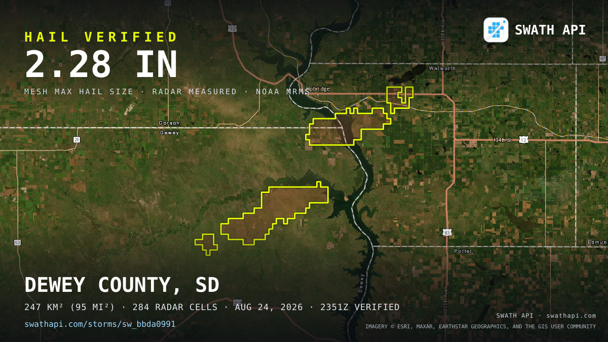 Storm card: 1.1–2.3" hail crossed Dewey County, SD — August 24, 2026