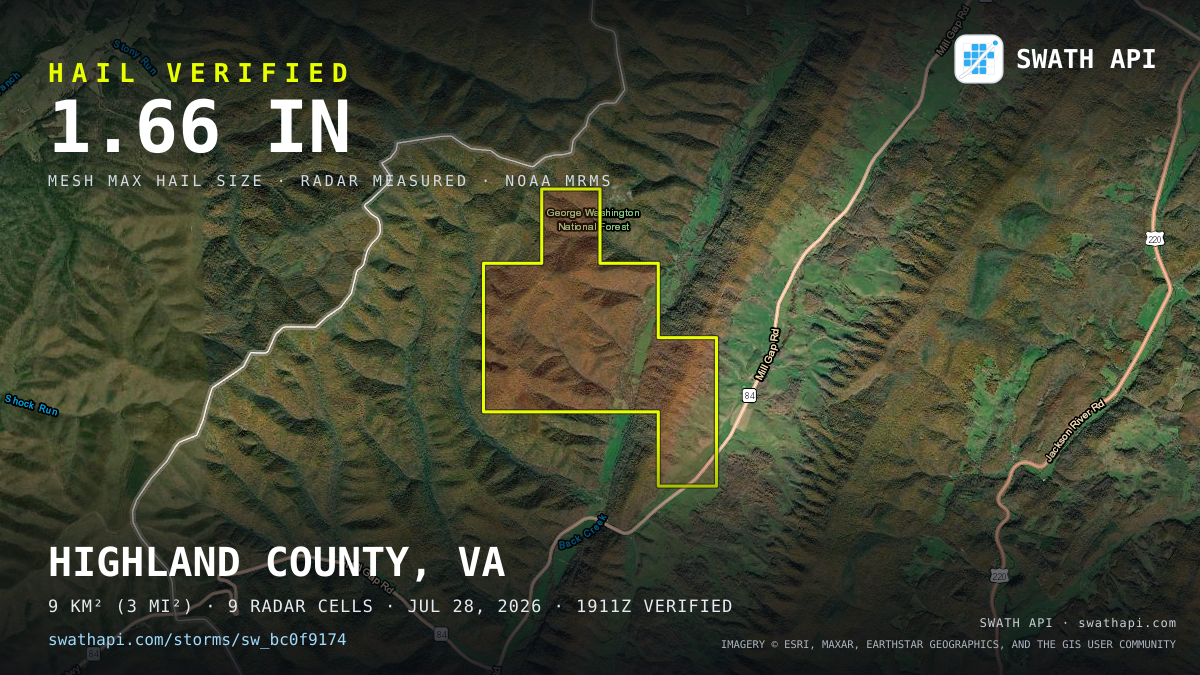 Storm card: 1–1.7" hail crossed Highland County, VA — July 28, 2026