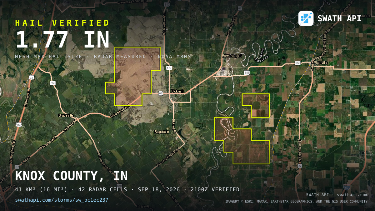 Storm card: 1.3–1.8" hail crossed Knox County, IN — September 18, 2026
