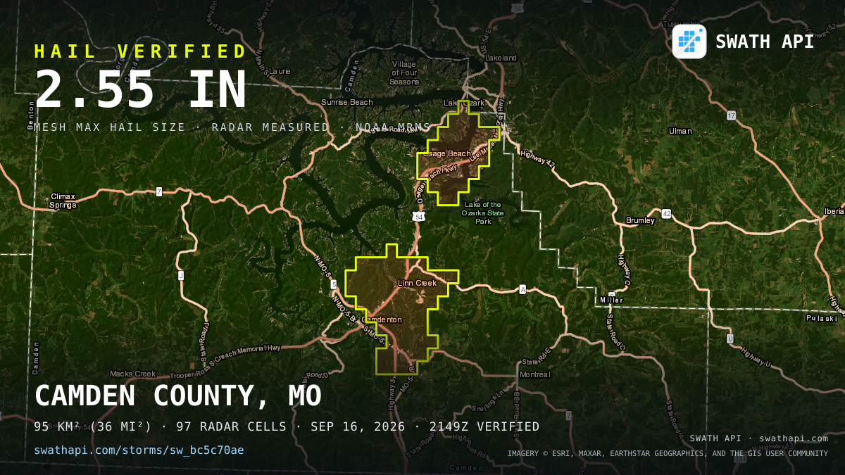 Storm card: 1.2–2.6" hail crossed Camden County, MO — September 16, 2026