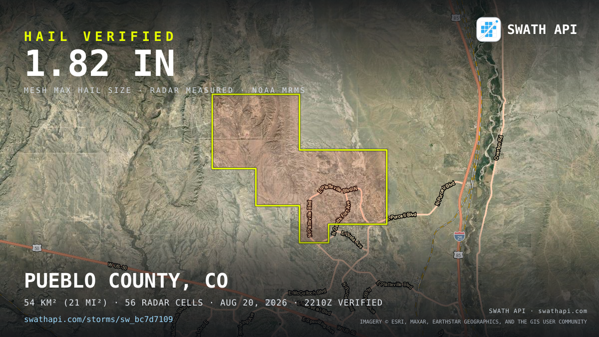 Storm card: 1.1–1.8" hail crossed Pueblo County, CO — August 20, 2026
