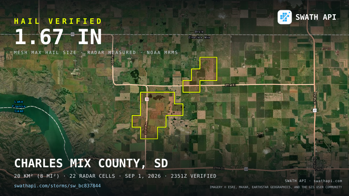 Storm card: 1.1–1.7" hail crossed Charles Mix County, SD — September 1, 2026