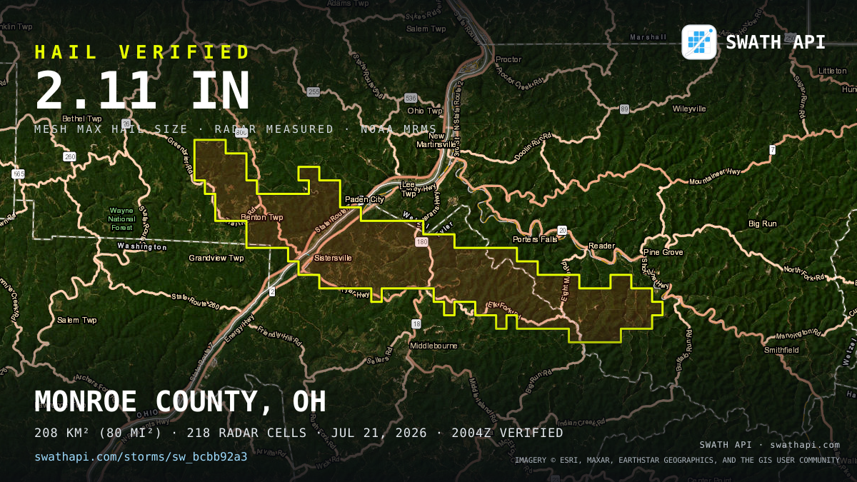 Storm card: 1.2–2.1" hail crossed Tyler County, WV — July 21, 2026