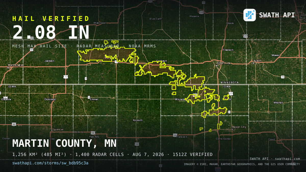 Storm card: 1.1–2.1" hail crossed Faribault County, MN — August 7, 2026