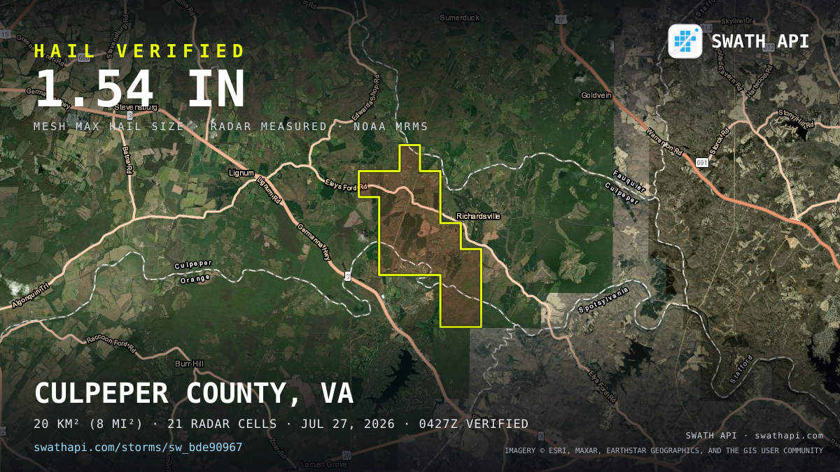 Storm card: 1.1–1.5" hail crossed Culpeper County, VA — July 27, 2026