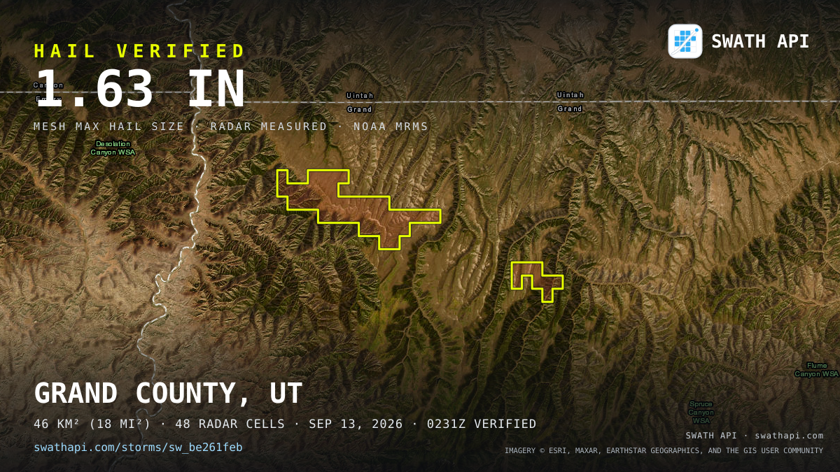 Storm card: 1.1–1.6" hail crossed Grand County, UT — September 13, 2026