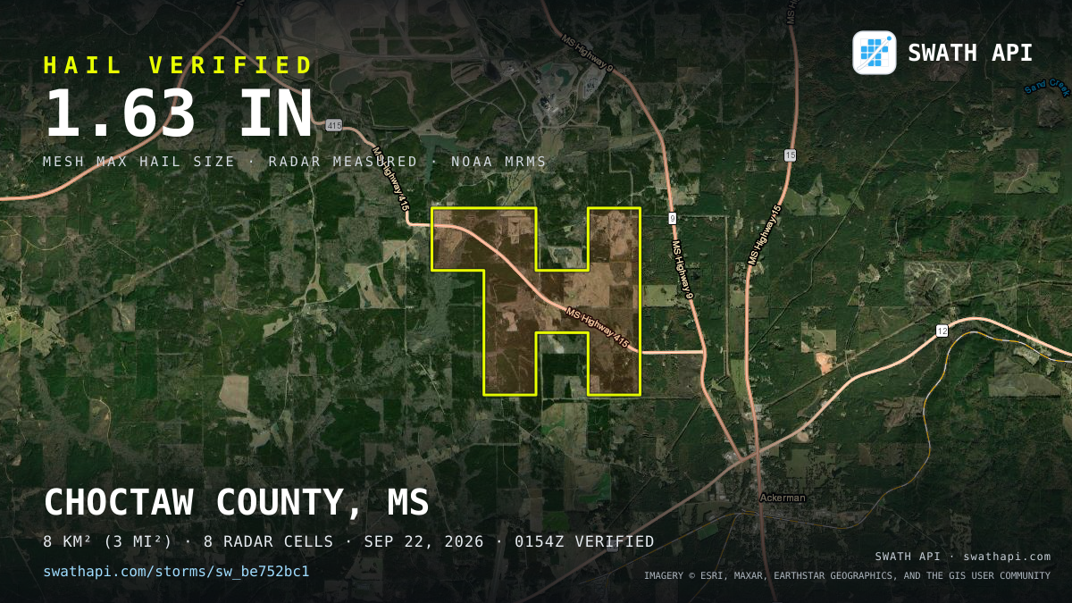 Storm card: 1.2–1.6" hail crossed Choctaw County, MS — September 22, 2026