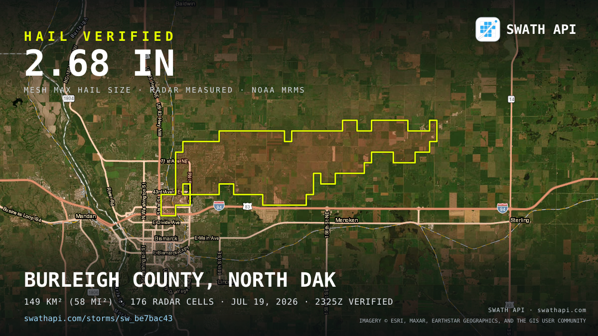 Storm card: 1.2–2.7" hail crossed Burleigh County, ND — July 19, 2026