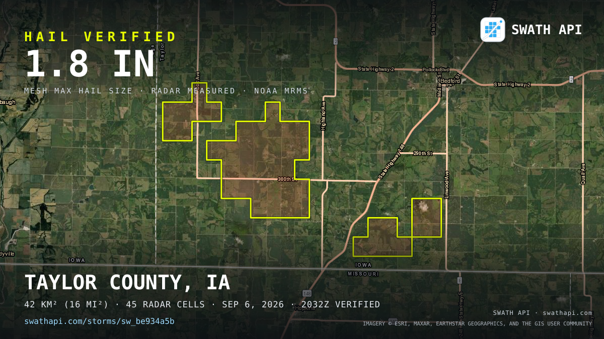 Storm card: 1.2–1.8" hail crossed Taylor County, IA — September 6, 2026