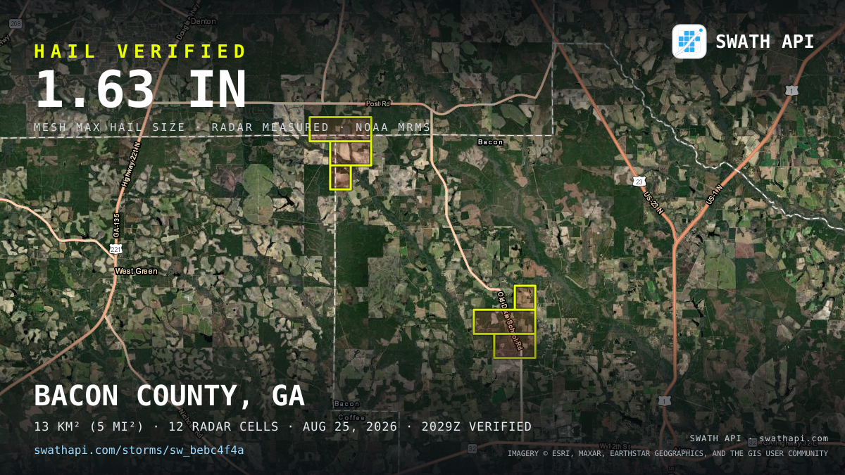 Storm card: 1.3–1.6" hail crossed Bacon County, GA — August 25, 2026