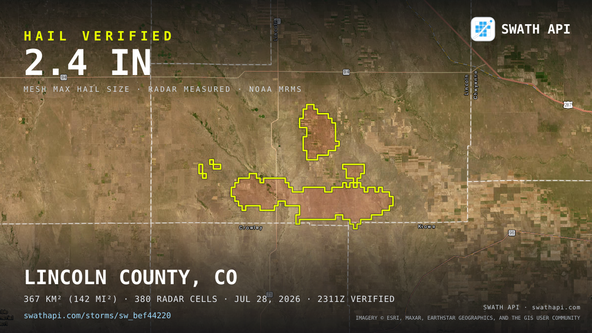 Storm card: 1.2–2.4" hail crossed Lincoln County, CO — July 28, 2026