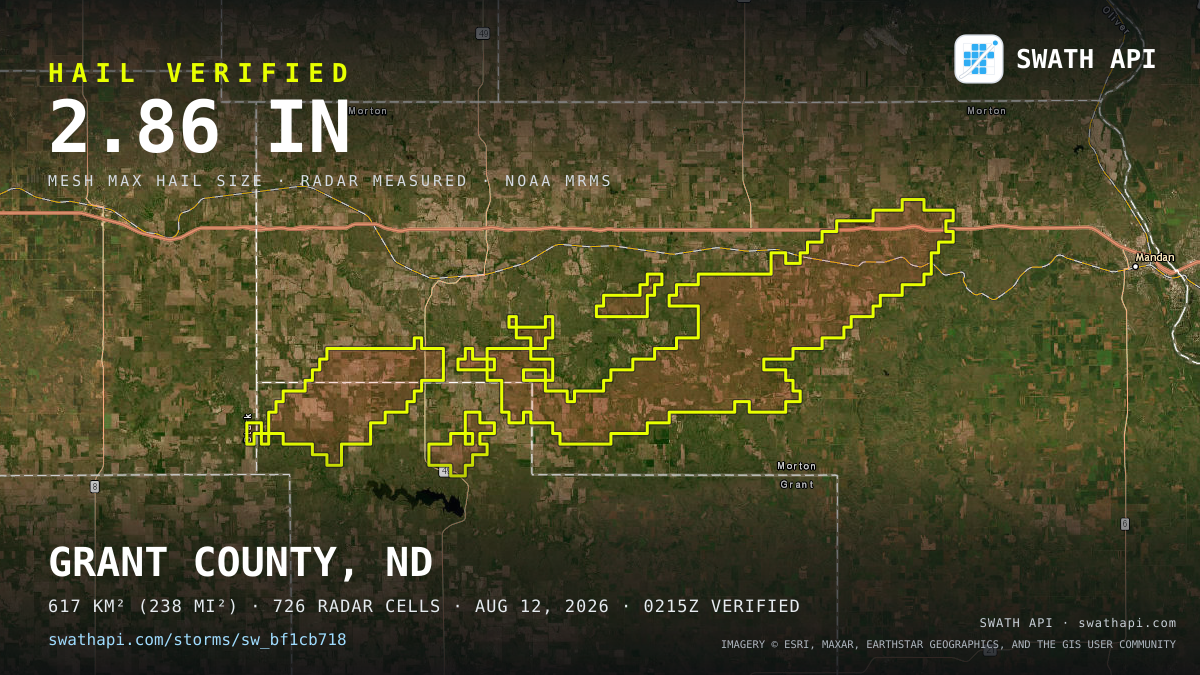 Storm card: 1.3–2.9" hail crossed Morton County, ND — August 12, 2026