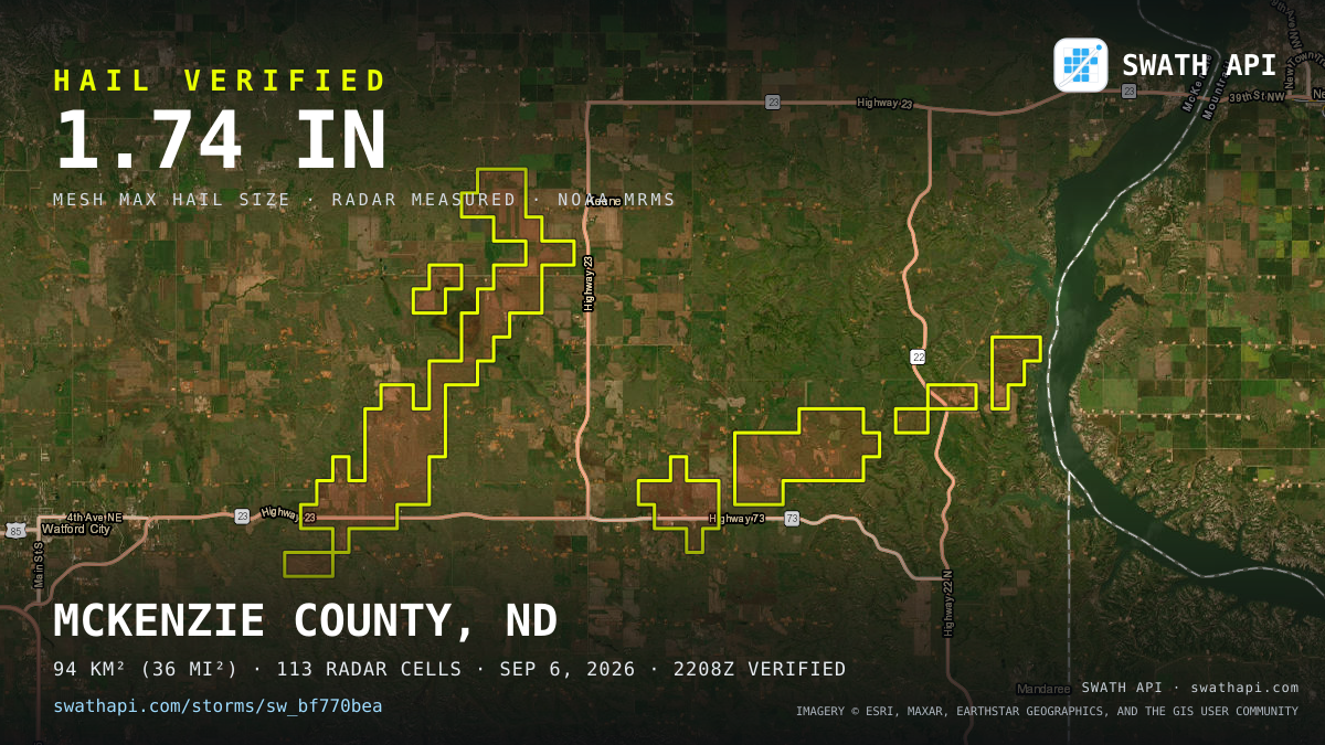 Storm card: 1.1–1.7" hail crossed McKenzie County, ND — September 6, 2026