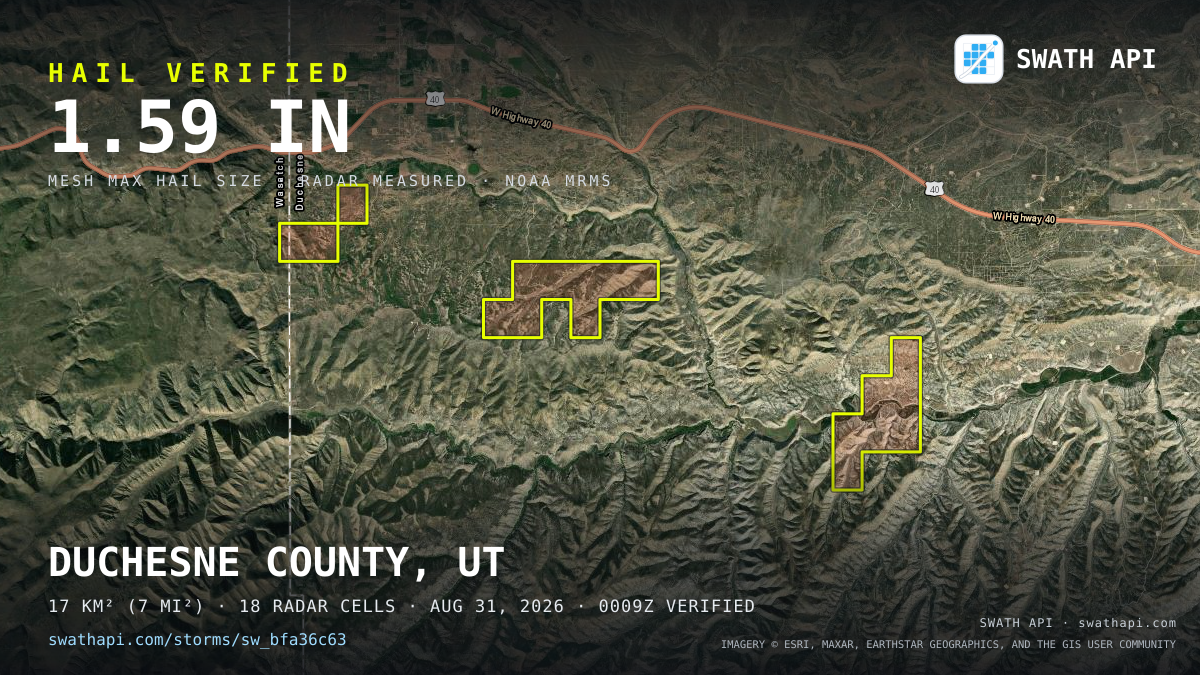 Storm card: 1.3–1.6" hail crossed Duchesne County, UT — August 31, 2026
