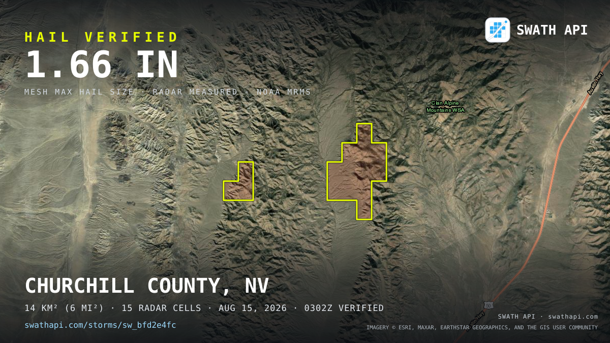 Storm card: 1.1–1.7" hail crossed Churchill County, NV — August 15, 2026
