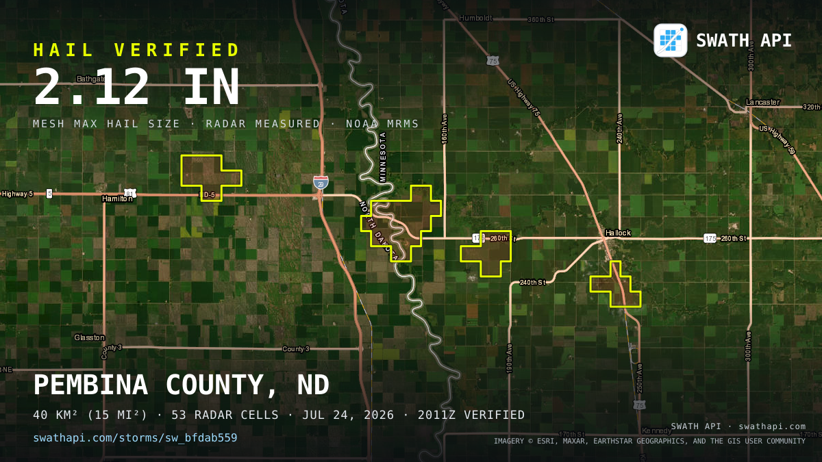 Storm card: 1.1–2.1" hail crossed Kittson County, MN — July 24, 2026