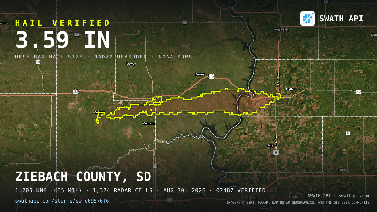 Storm card: 1.9–3.6" hail crossed Dewey County, SD — August 30, 2026