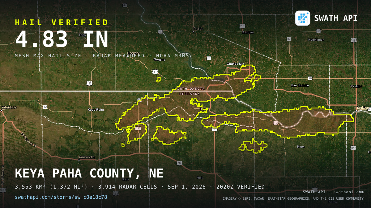 Storm card: 1.3–4" hail crossed Boyd County, NE — September 1, 2026