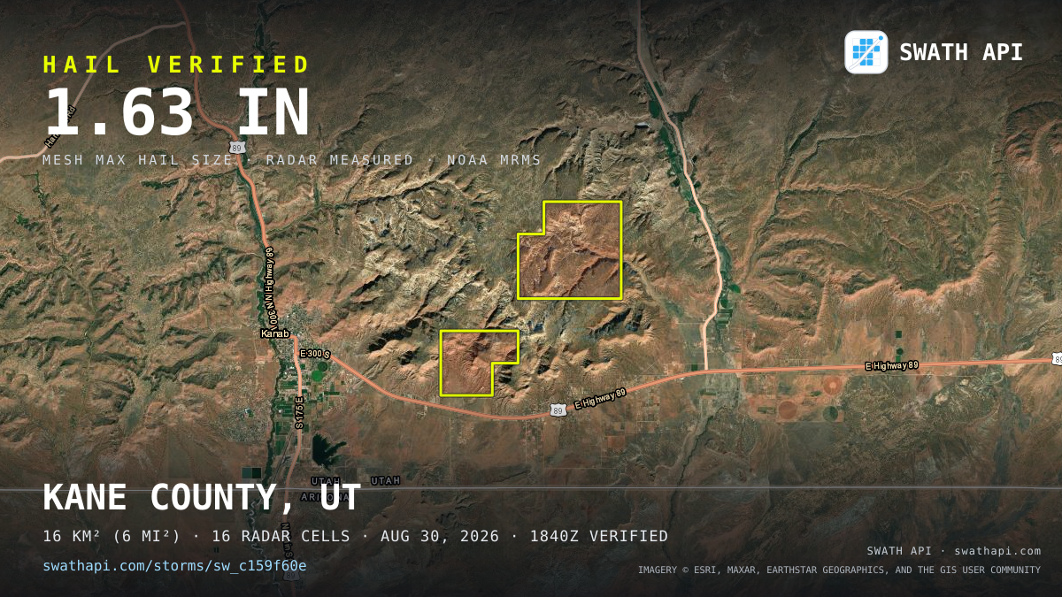 Storm card: 1.3–1.6" hail crossed Kane County, UT — August 30, 2026