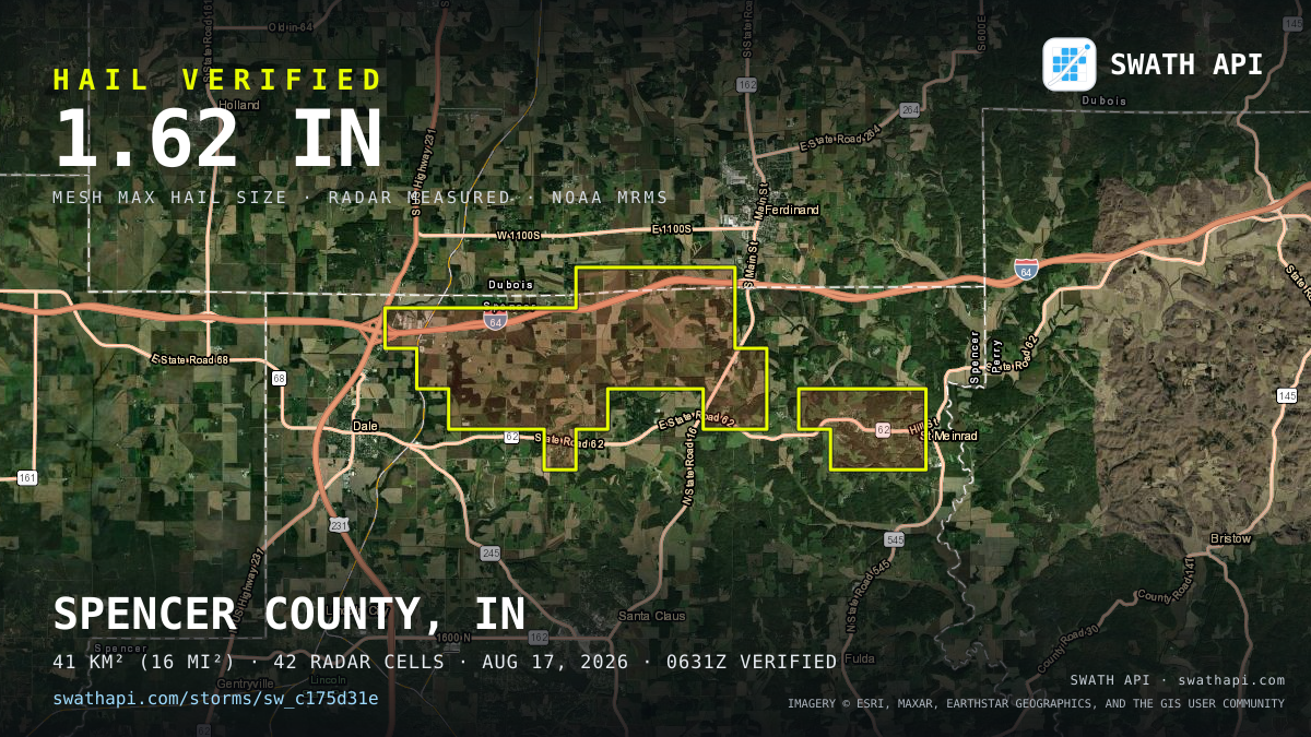 Storm card: 1.1–1.6" hail crossed Spencer County, IN — August 17, 2026