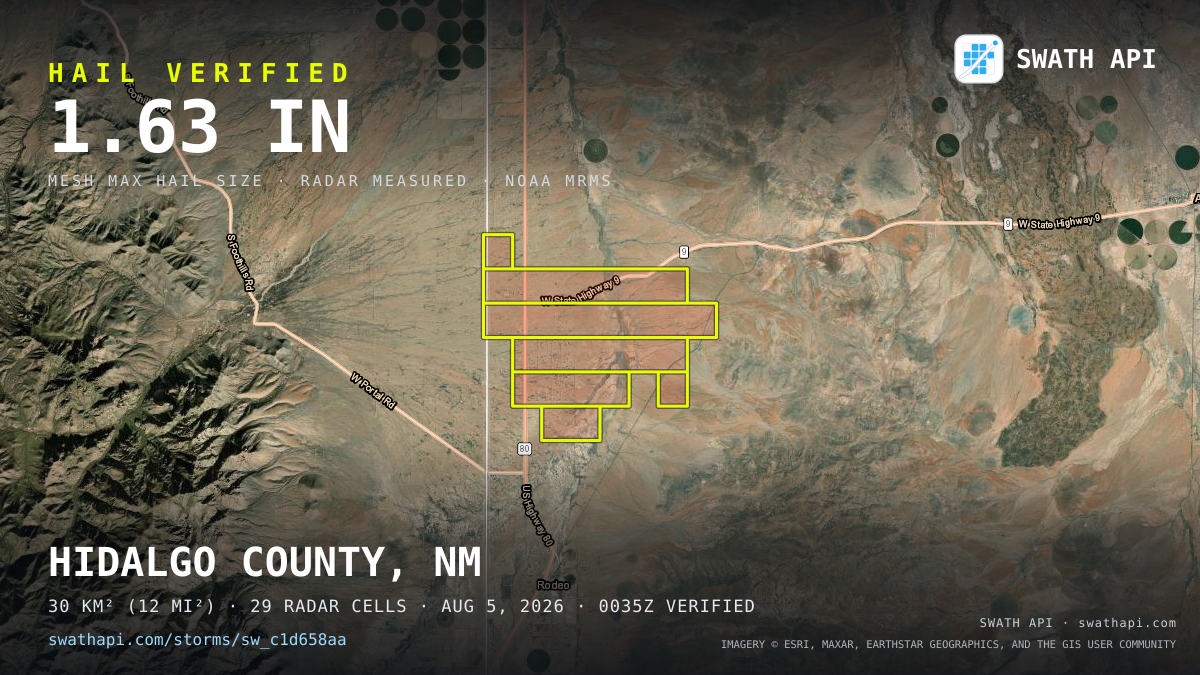 Storm card: 1.2–1.6" hail crossed Hidalgo County, NM — August 5, 2026