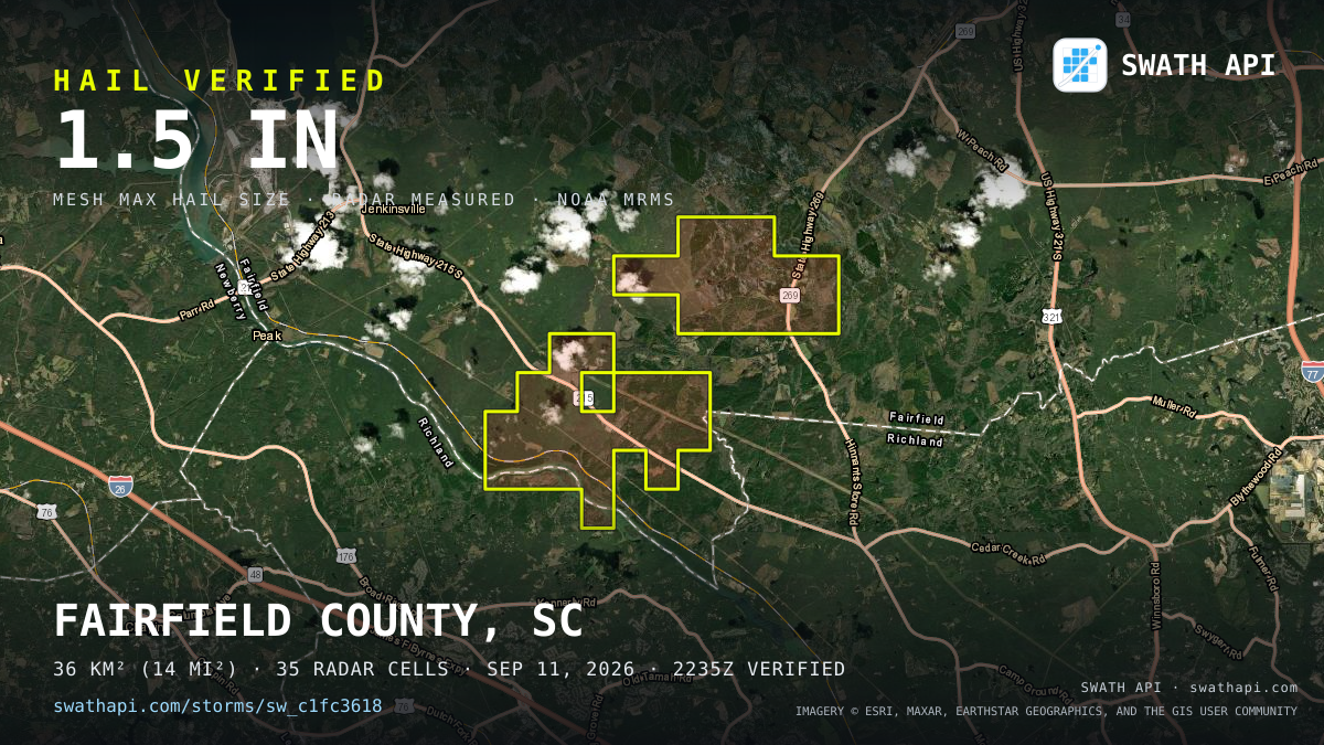 Storm card: 1.2–1.5" hail crossed Fairfield County, SC — September 11, 2026