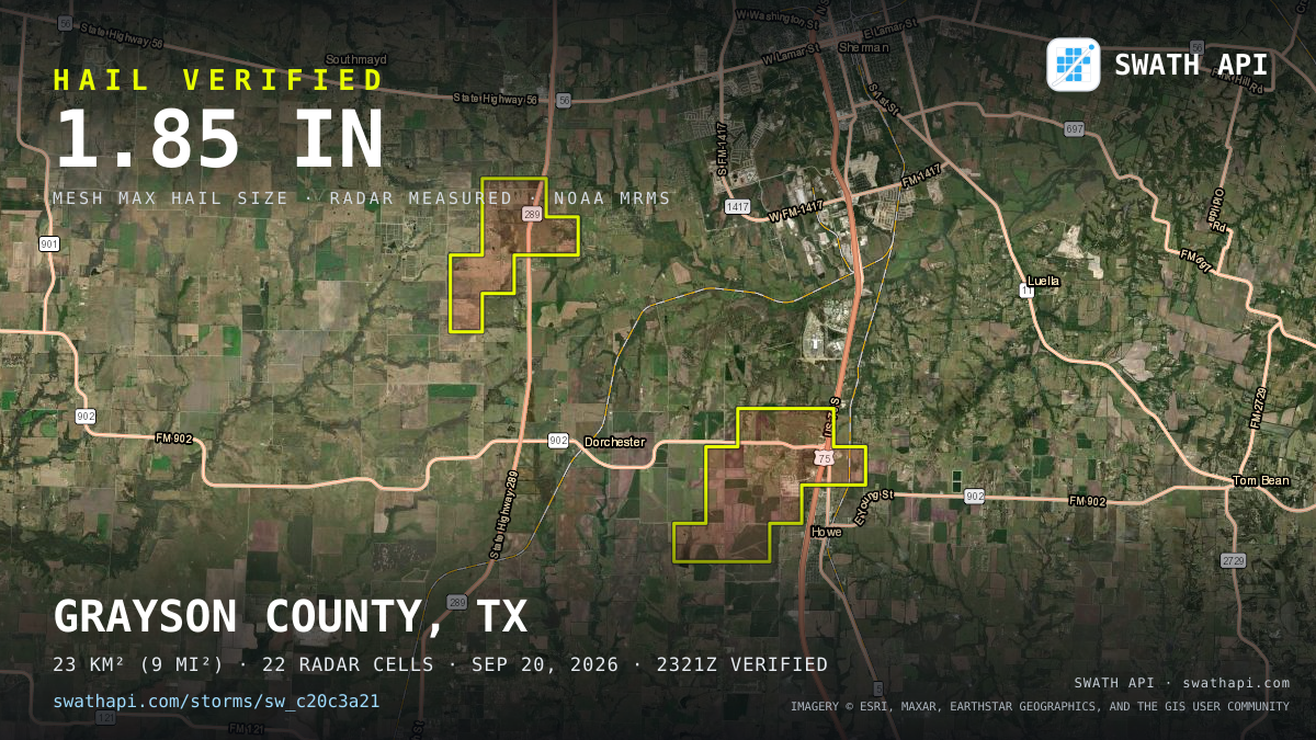 Storm card: 1.3–1.9" hail crossed Grayson County, TX — September 20, 2026