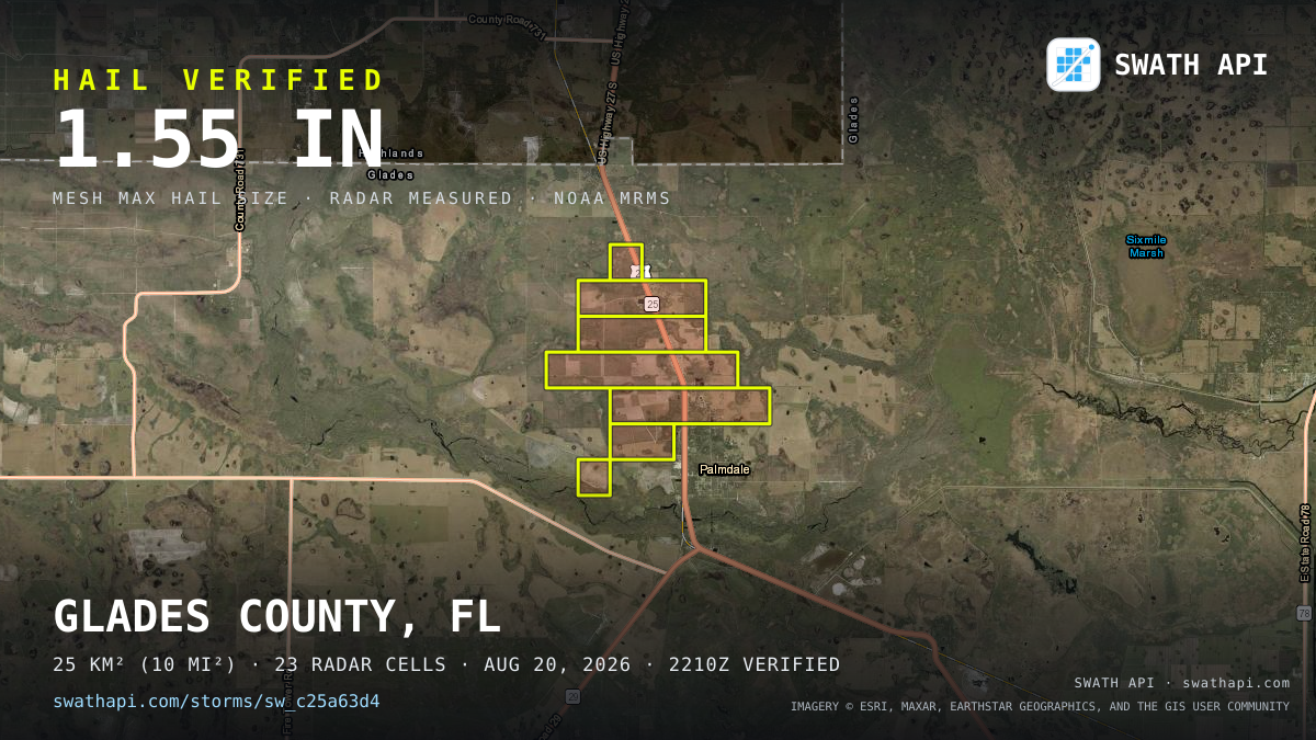 Storm card: 1.1–1.6" hail crossed Glades County, FL — August 20, 2026