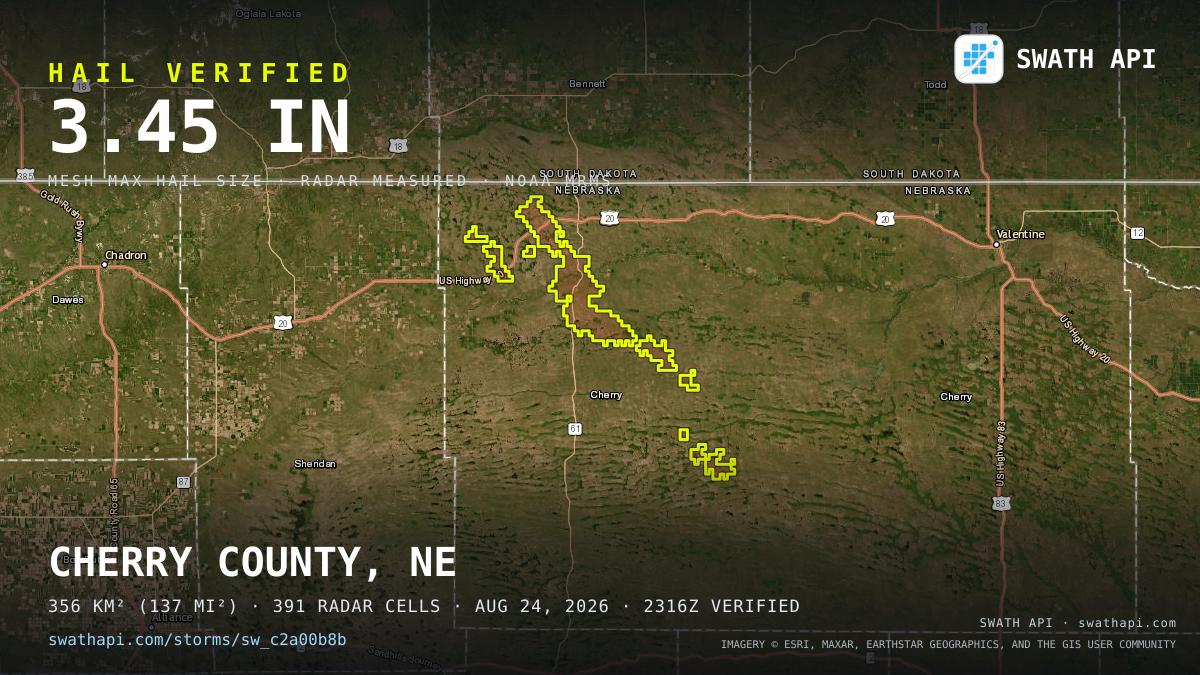 Storm card: 1.2–3.5" hail crossed Cherry County, NE — August 24, 2026