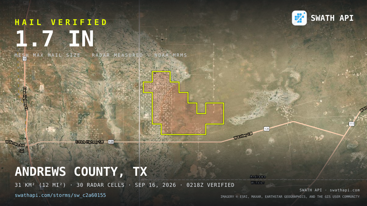 Storm card: 1.1–1.7" hail crossed Andrews County, TX — September 16, 2026