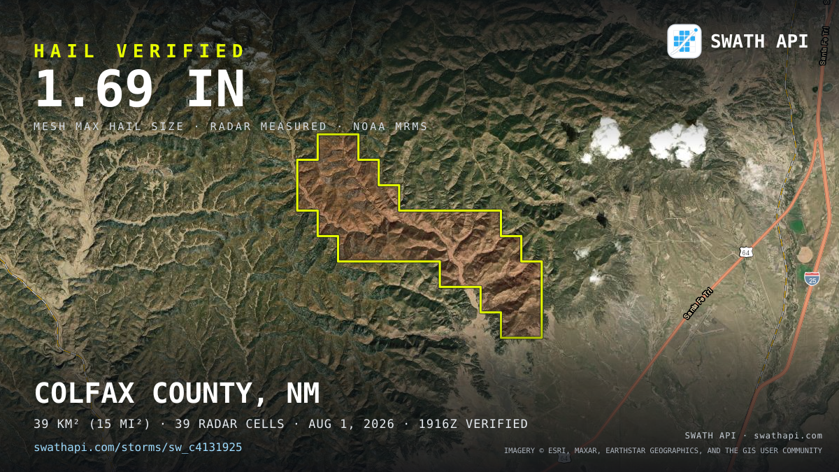 Storm card: 1.3–1.7" hail crossed Colfax County, NM — August 1, 2026